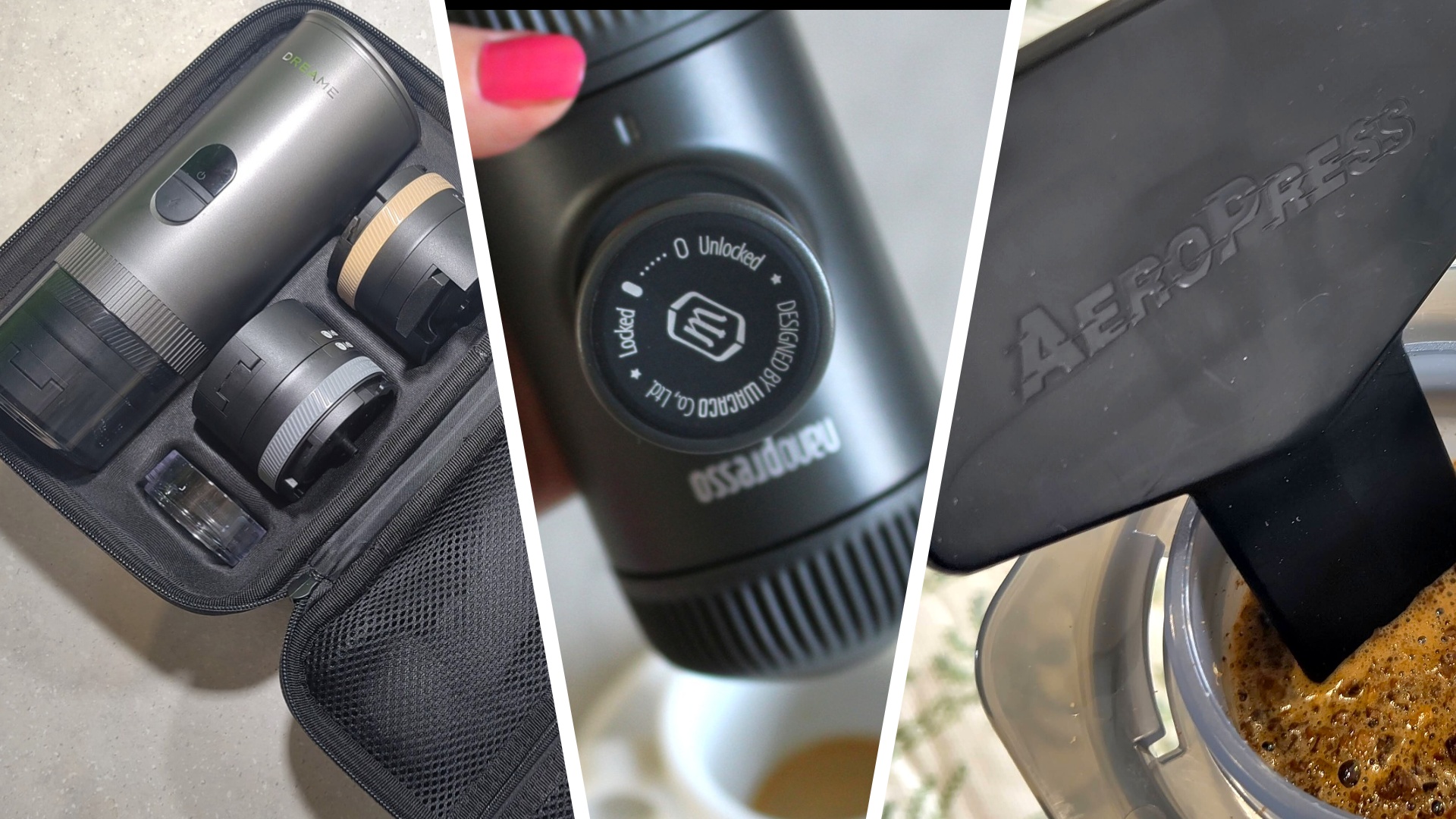 Split image of Dreame Ecceluxe Go coffee maker, Wacaco Nanopresso coffee maker, and AeroPress coffee maker