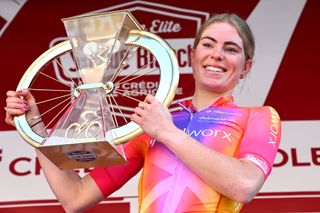 SIENA ITALY MARCH 04 Demi Vollering of The Netherlands and Team SD Worx celebrates at podium as race winner during the Eroica 9th Strade Bianche 2023 Womens a 136km one day race from Siena to Siena 318m StradeBianche on March 04 2023 in Siena Italy Photo by Luc ClaessenGetty Images