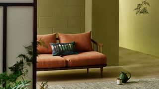 Japandi living room with calming green painted walls and rust colored sofa to create a cohesive earthen color palette