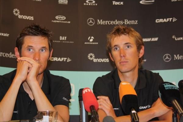 Fr&auml;nk and Andy Schleck at the pre-Li&egrave;ge-Bastogne-Li&egrave;ge press conference.