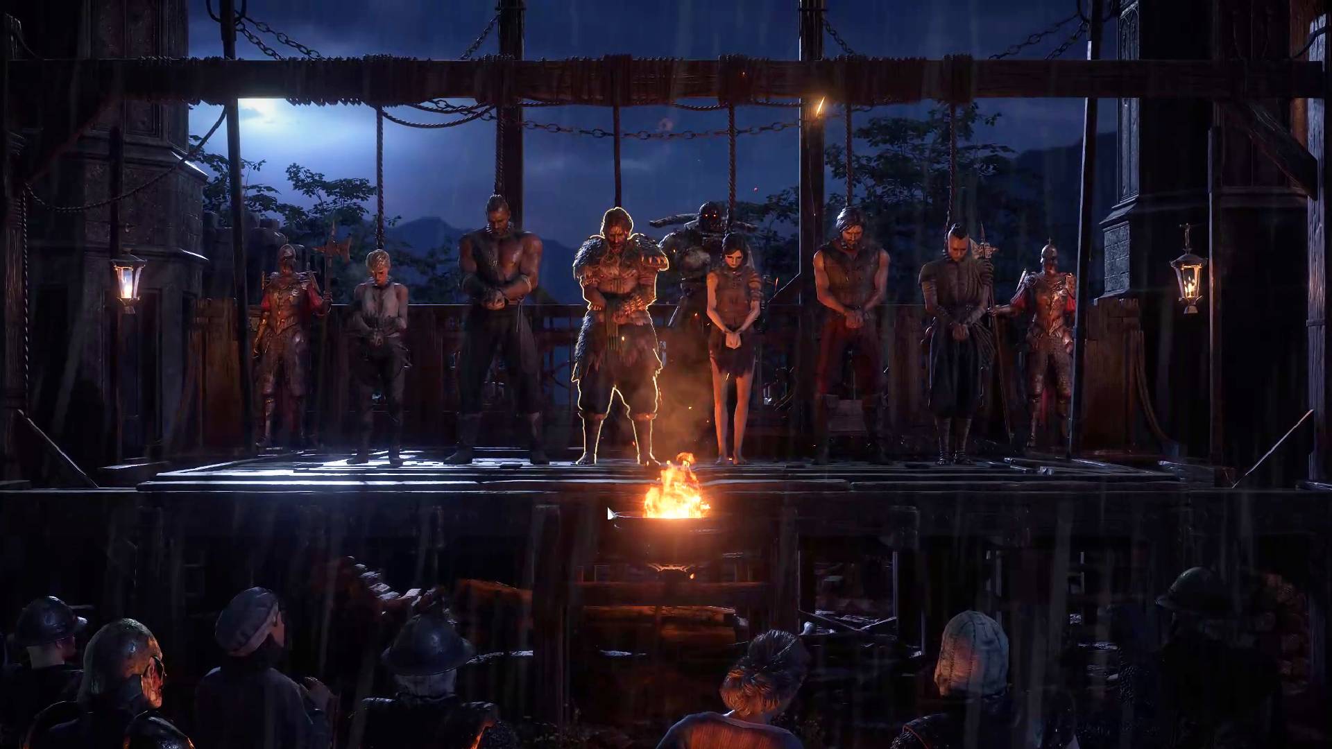 Path of Exile 2 character classes lined up to be hanged at gallows