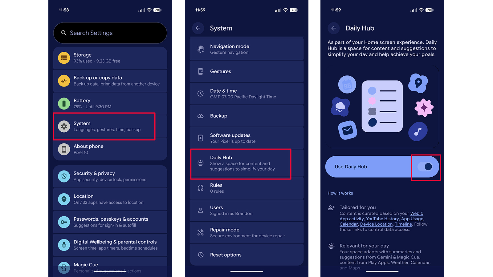 Google Pixel 10 showing Daily Hub set-up