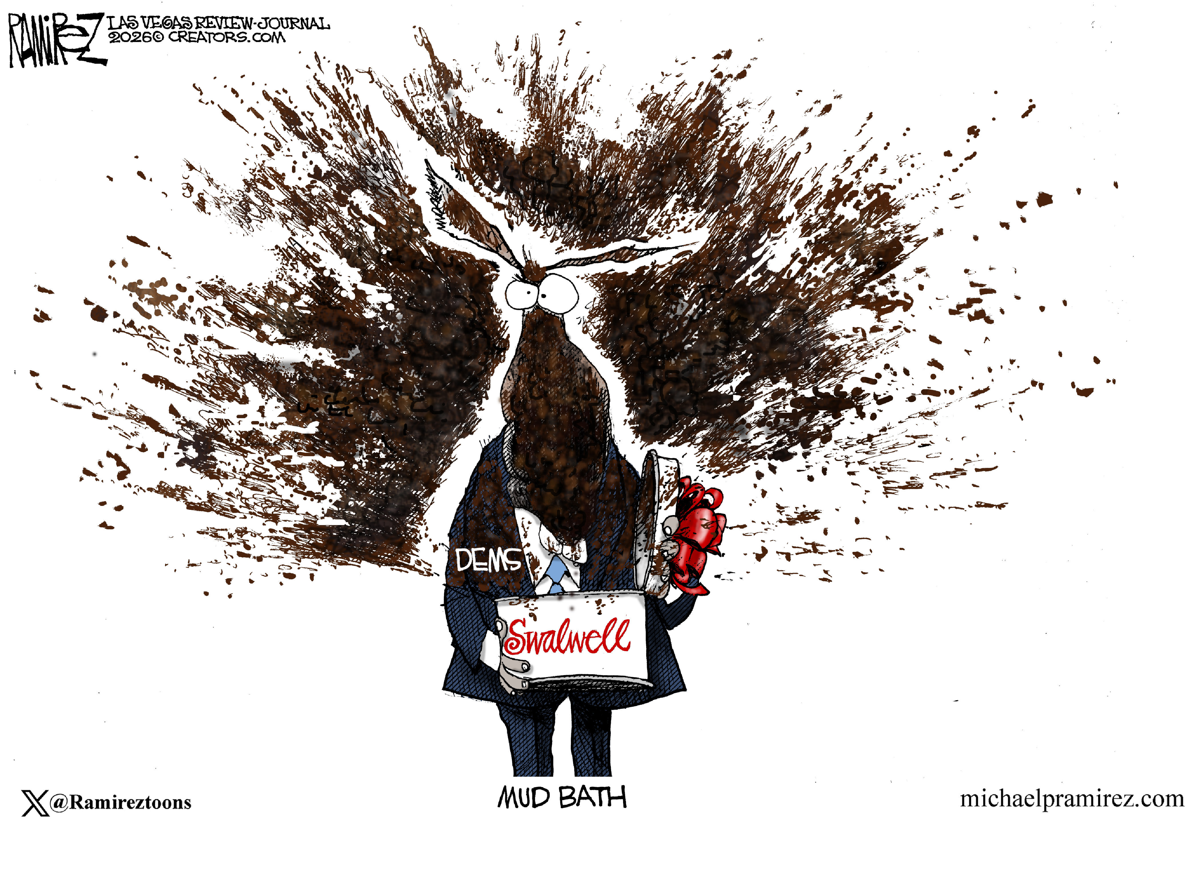 This cartoon is titled &amp;ldquo;Mud Bath&amp;rdquo;. It depicts a donkey opening a package labeled &amp;ldquo;Swalwell&amp;rdquo; which proceeds to burst into a muddy mess, coating the angry donkey with mud.