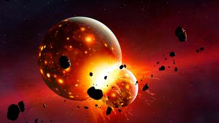 two planets collide, sending fiery rocks into space