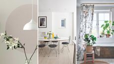 three of the best white paint colours shown in a living room, dining room and bathroom