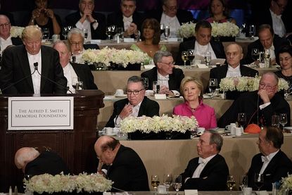 Donald Trump giving his speech at the Al Smith Dinner.