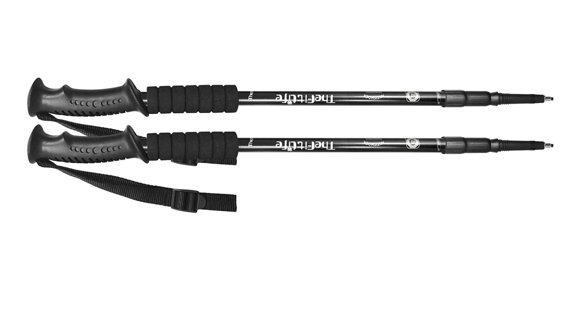 FitLife Hiking Walking Trekking Poles used by Susan Griffin on a walk, with hand holding handle and poles resting against rocks and product shot