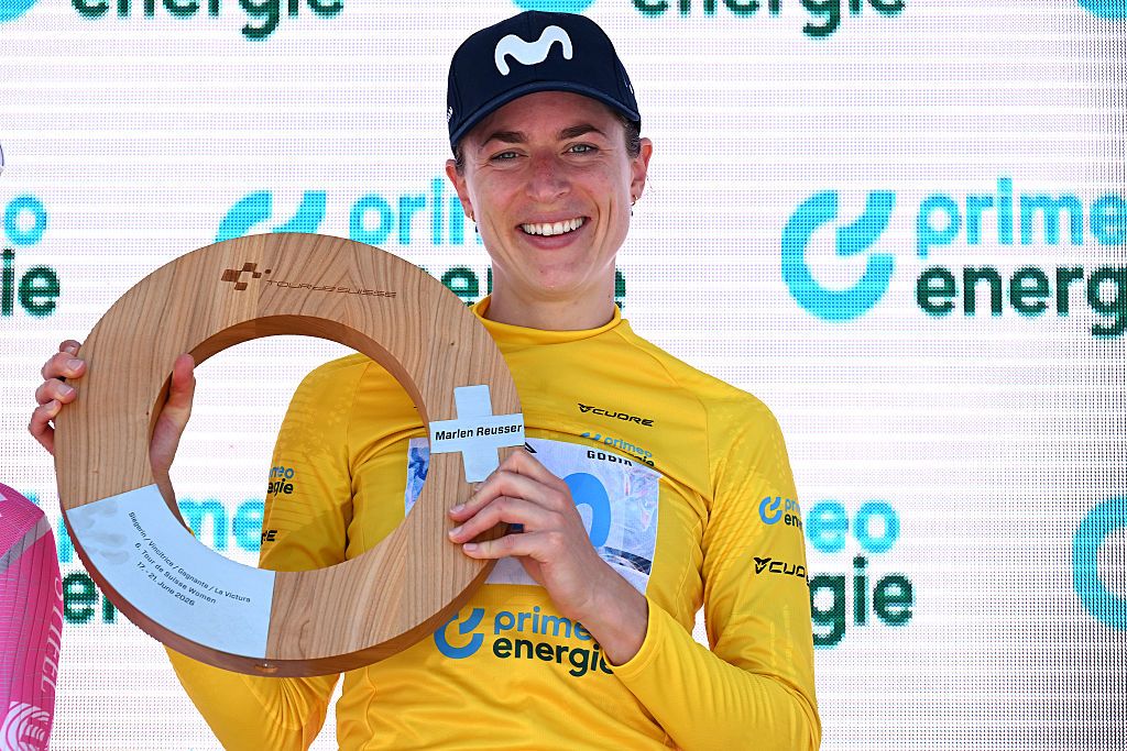 VILLARS-SUR-OLLON, SWITZERLAND - JUNE 21: Marlen Reusser of Switzerland and Team Movistar celebrates at podium as Yellow Leader Jersey winner during the 10th Tour de Suisse Women 2026, Stage 5 a 100.4km stage from Villars-sur-Ollon to Villars-sur-Ollon 1249m / #UCIWT / on June 21, 2026 in Villars-sur-Ollon, Switzerland. (Photo by Tim de Waele/Getty Images)