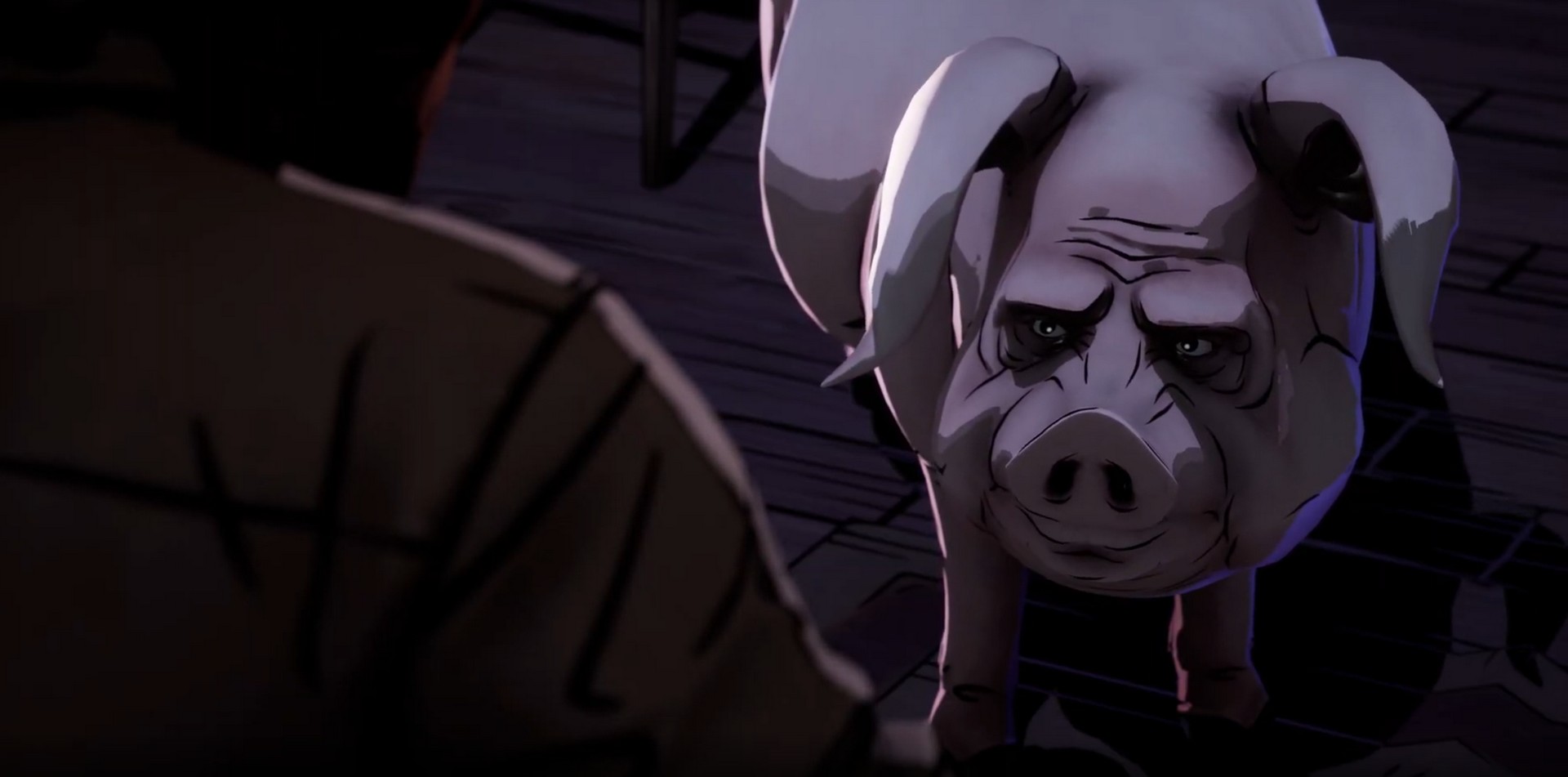 Bigby talks with a normal looking pig in The Wolf Among Us 2