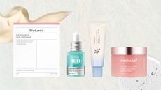 A collage featuring Korean beauty products from Biodance, Anua, Beauty of Joseon and Medicube arranged in a line, on a blue and white speckled background with two skincare swatch stock images.