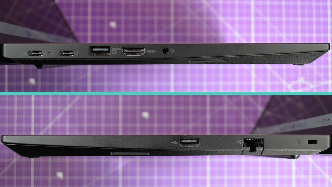 An Lenovo ThinkPad E14 Gen 5 on a purple deskmat