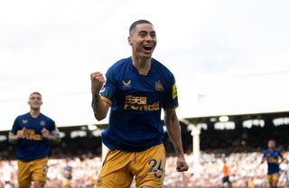 Miguel Almiron of Newcastle United celebrates scoring his teams fourth goal during the Premier League match between Fulham FC and Newcastle United at Craven Cottage on October 01, 2022 in London, England.