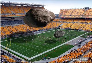 Illustration of relative size for DA14 and Chelyabinsk Meteor compared to a footbal field.