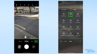 Two screenshots of the Galaxy S23 camera app, showing how to find Pro mode