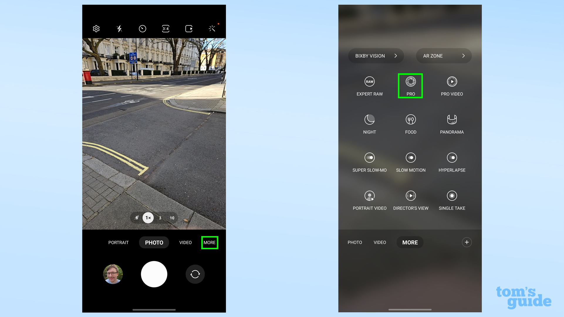 Два снимка экрана приложения камеры Galaxy S23, показывающие, как найти режим Pro.