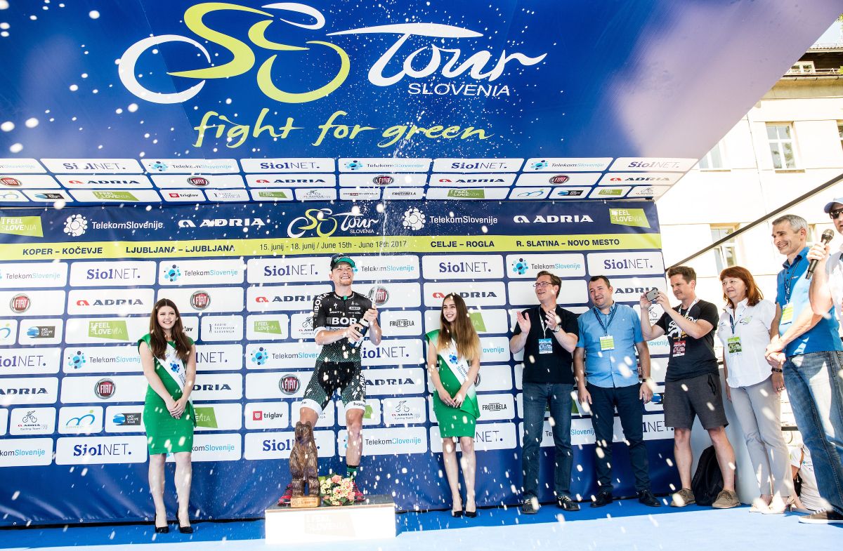 Sam Bennett (Bora-Hansgrohe) sprays the champagne