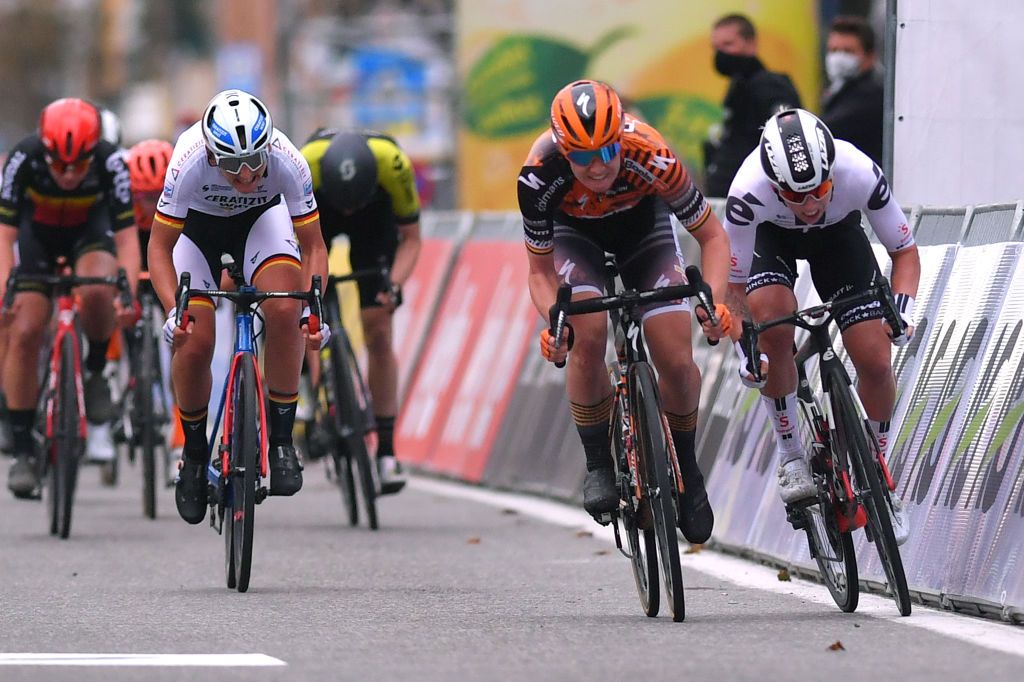 DE PANNE BELGIUM OCTOBER 20 Sprint Arrival Jolien Dhoore of Belgium and Boels Dolmans Cycling Team Disqualified Lorena Wiebes of The Netherlands and Team Sunweb Lisa Brennauer of Germany and Ceratizit Wnt Pro Cycling Team Lotte Kopecky of Belgium and Team Lotto Soudal Ladies Sarah Roy of Australia and Team Mitchelton Scott during the 3rd Driedaagse Brugge De Panne 2020 Women Classic a 1563km race from Brugge to De Panne AG3daagse on October 20 2020 in De Panne Belgium Photo by Luc ClaessenGetty Images