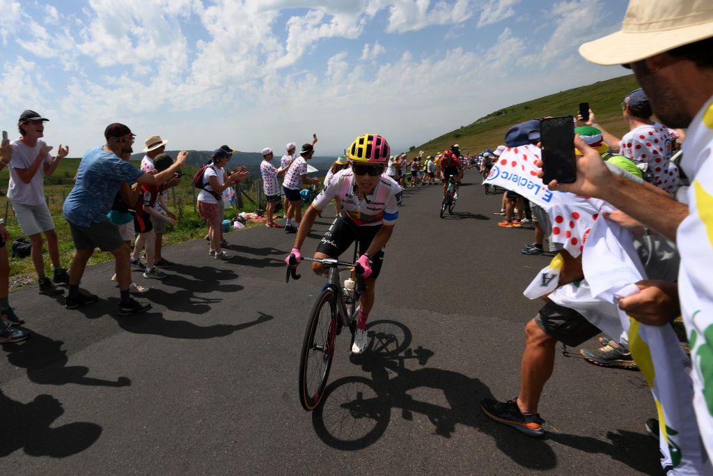 ISSOIRE FRANCE JULY 11 Esteban Chaves of Colombia and Team EF EducationEasyPost competes climbing to the Col de la Croix SaintRobert 1451m compete while fans cheers during the stage ten of the 110th Tour de France 2023 a 1672km stage from Vulcania to Issoire UCIWT on July 11 2023 in Issoire France Photo by David RamosGetty Images