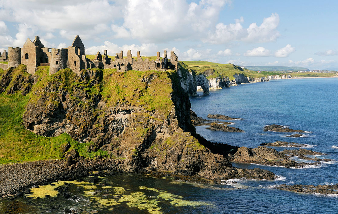 Dunluce Castle, mediaeval ruin between Portrush and Bushmills on North Antrim Coast Road, County Antrim, Northern Ireland