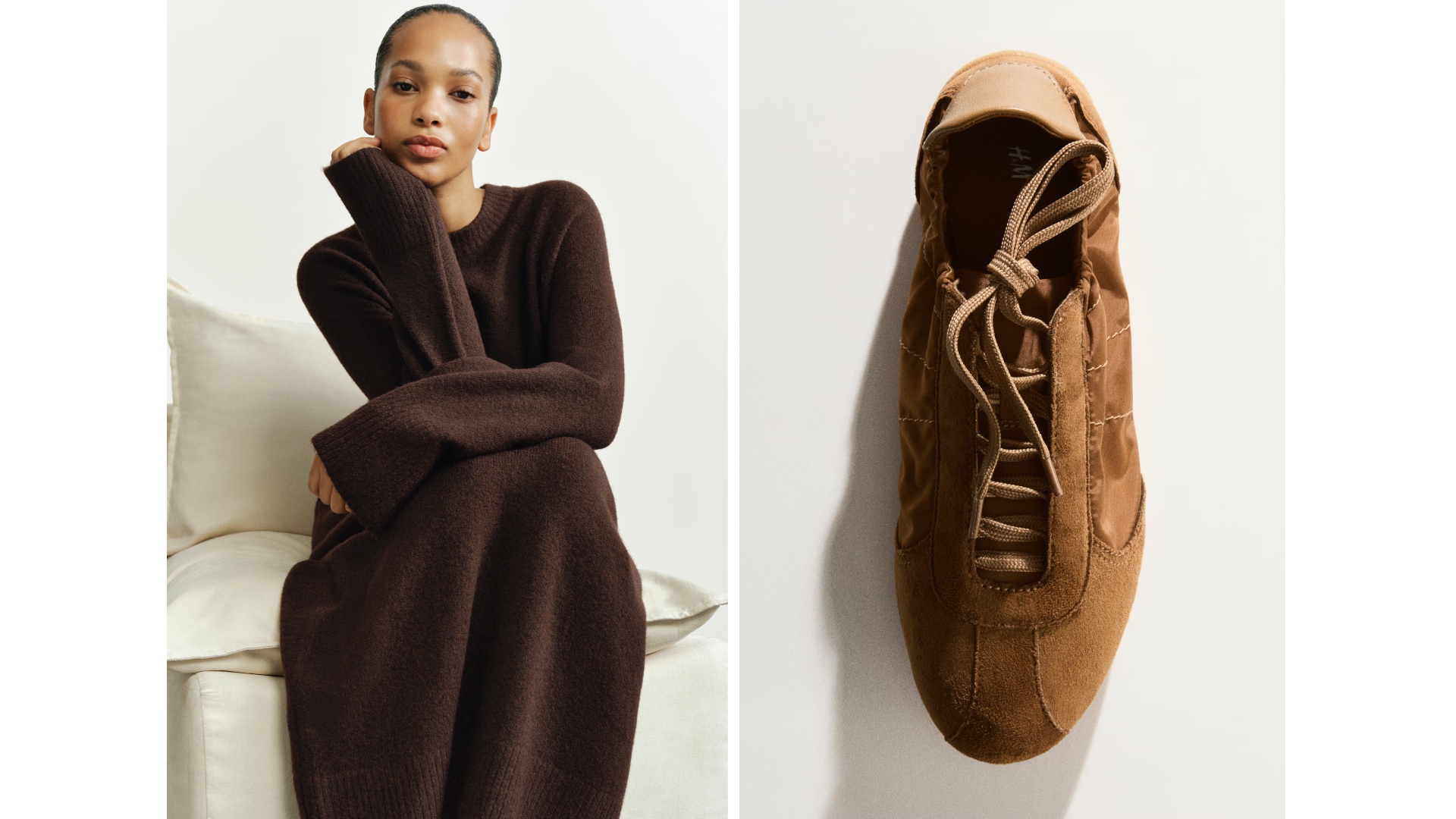 An H&amp;M collage of a model wearing a brown sweater dress alongside brown suede sneakers