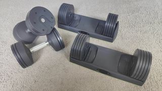 the JaxJox DumbbellConnects off their cradle, placed on a carpeted floor