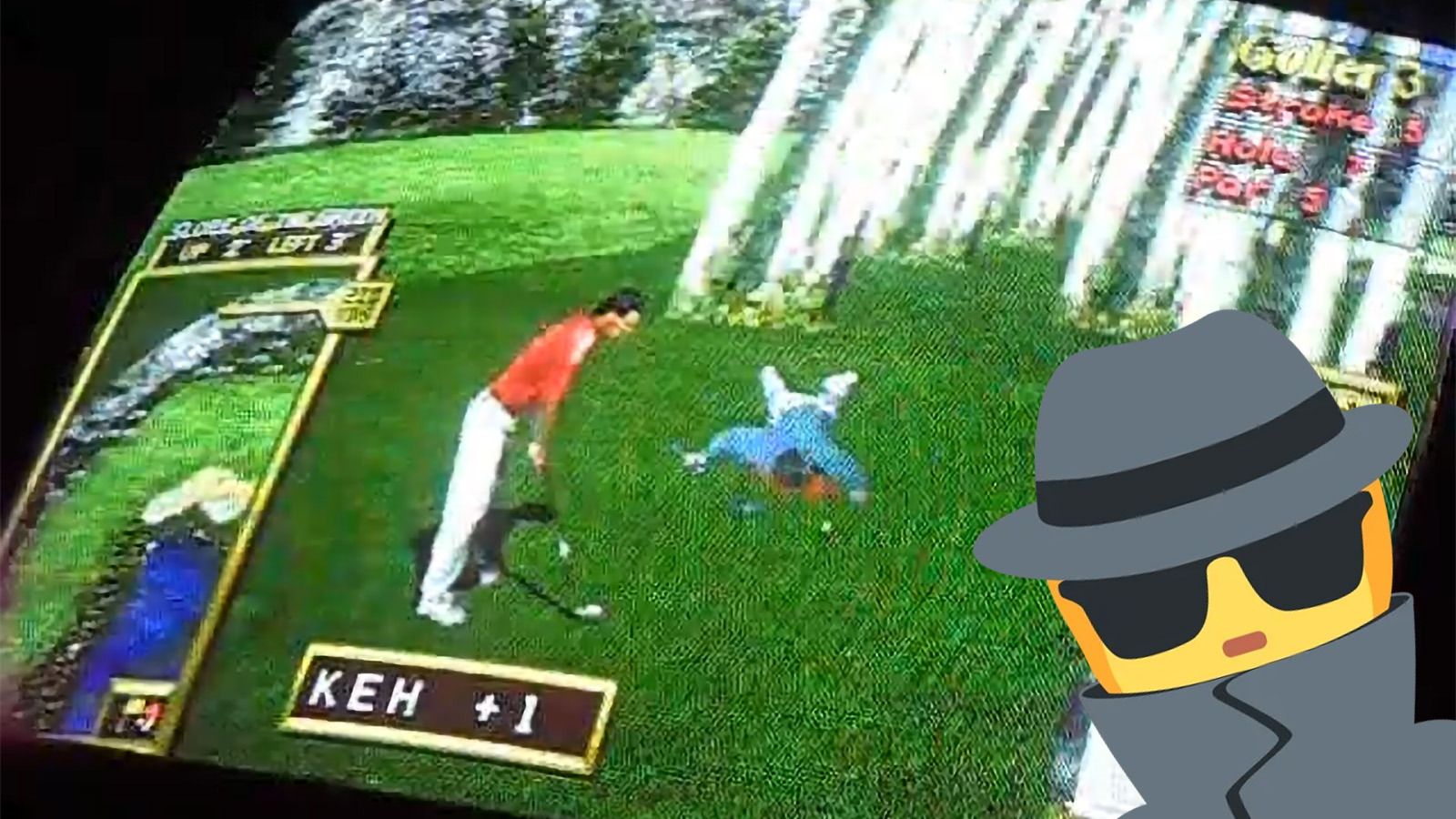 A gumshoe sticks his head up in front of a CRT displaying a dead body in Golden Tee '99
