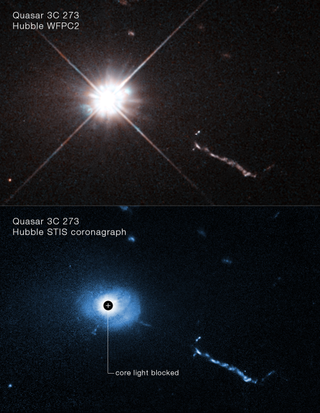 Two views of the quasar 3C 273. The first shows how Hubble sees the quasar without the use of a coronagraph. The second shows a new view of the quasar when the coronagraph is enabled.