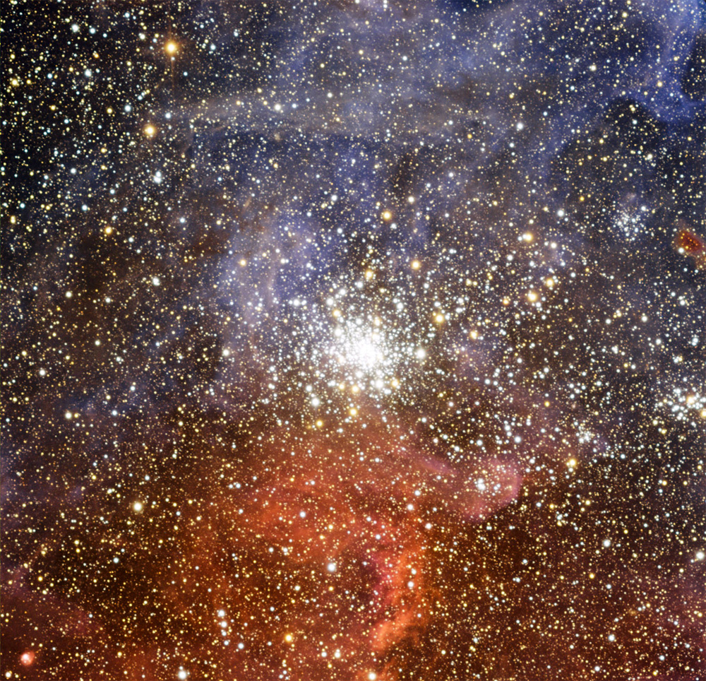 The bright star cluster NGC 2100 against the backdrop of the Tarantula Nebula.