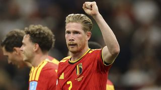 VANCOUVER, BRITISH COLUMBIA - JUNE 26: Kevin De Bruyne #7 of Belgium celebrates after scoring his team's third goal during the FIFA World Cup 2026 Group G match between New Zealand and Belgium at BC Place Vancouver on June 26, 2026 in Vancouver, British Columbia. (Photo by Sarah Stier - FIFA/FIFA via Getty Images)