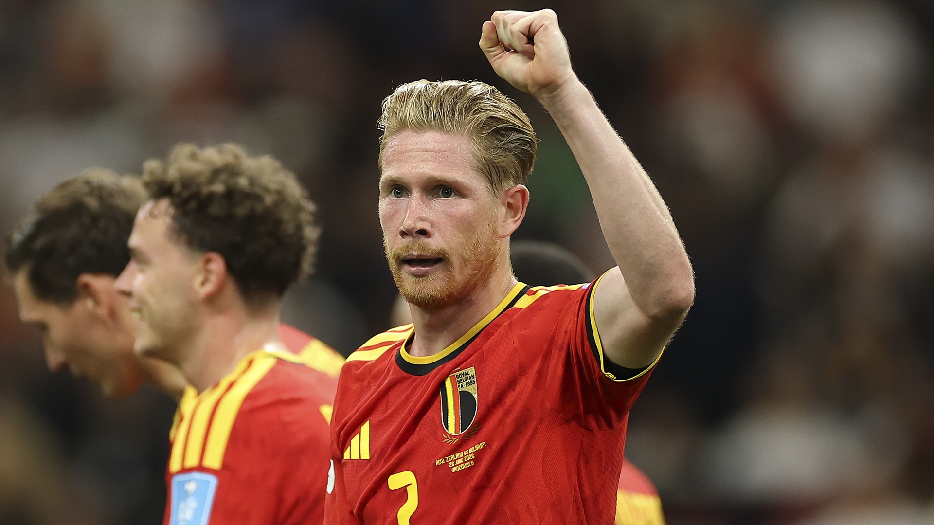 Kevin De Bruyne, wearing red, of Belgium celebrates after scoring his team's third goal during the FIFA World Cup 2026 Group G match between New Zealand and Belgium.