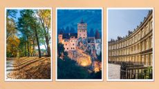 Woods in Concord, Massachusetts, castle in Transylvania and curved row of buildings in Bath, UK on a pale orange background