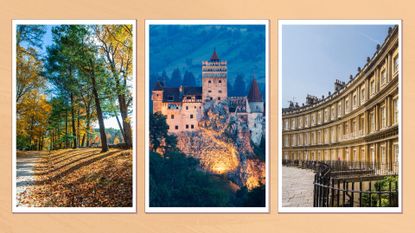 Woods in Concord, Massachusetts, castle in Transylvania and curved row of buildings in Bath, UK on a pale orange background