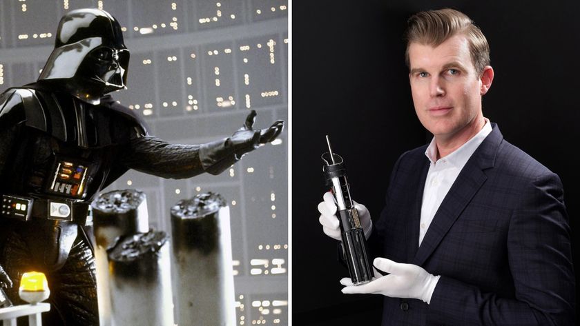 Darth Vader reaching out with his arm (left), A man holding Darth Vader&#039;s lightsaber (right)