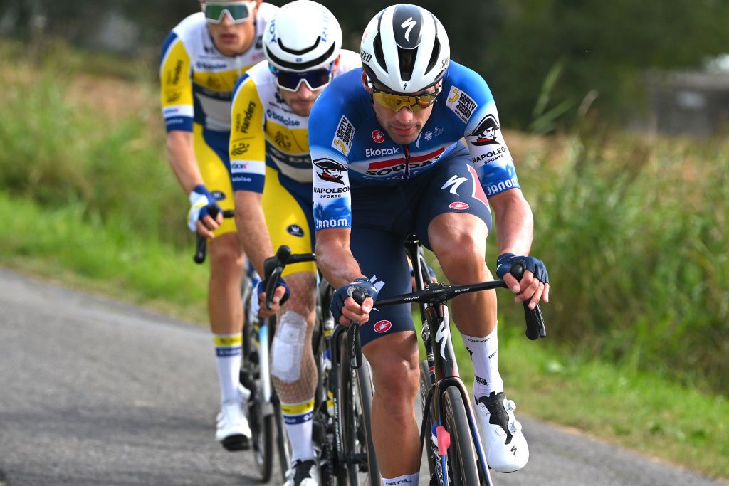 ARDOOIE BELGIUM AUGUST 30 Warre Vangheluwe of Belgium and Team Soudal QuickStep leads the breakaway during the 20th Renewi Tour 2024 Stage 3 a 1855km stage from Blankenberge to Ardooie UCIWT on August 30 2024 in Ardooie Belgium Photo by Luc ClaessenGetty Images