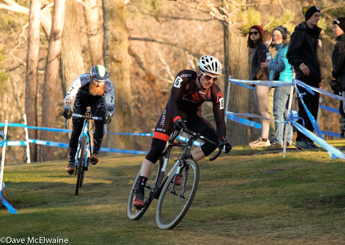 Dylan McNicholas (Polartec) leading Robert Marion in the early laps