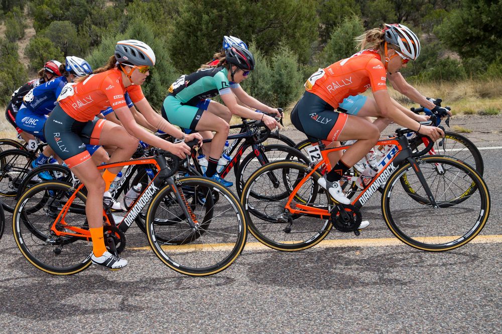 Rally Cycling's Kirsti Lay and Abby Mickey in the bunch during stage