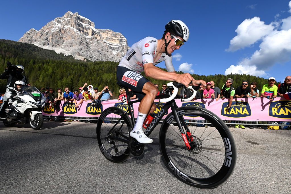 VAL DI ZOLDO PALAFAVERA ITALY MAY 25 Joo Almeida of Portugal and UAE Team Emirates White Best Young Rider Jersey competes during the 106th Giro dItalia 2023 Stage 18 a 161km stage from Oderzo to Val di Zoldo Palafavera 1514m UCIWT on May 25 2023 in Val di Zoldo Palafavera Italy Photo by Tim de WaeleGetty Images