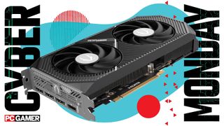 An image of a Zotac graphics card against a colourful background, overlaid against a Cyber Monday and PC Gamer set of logos, on either side of the main image.