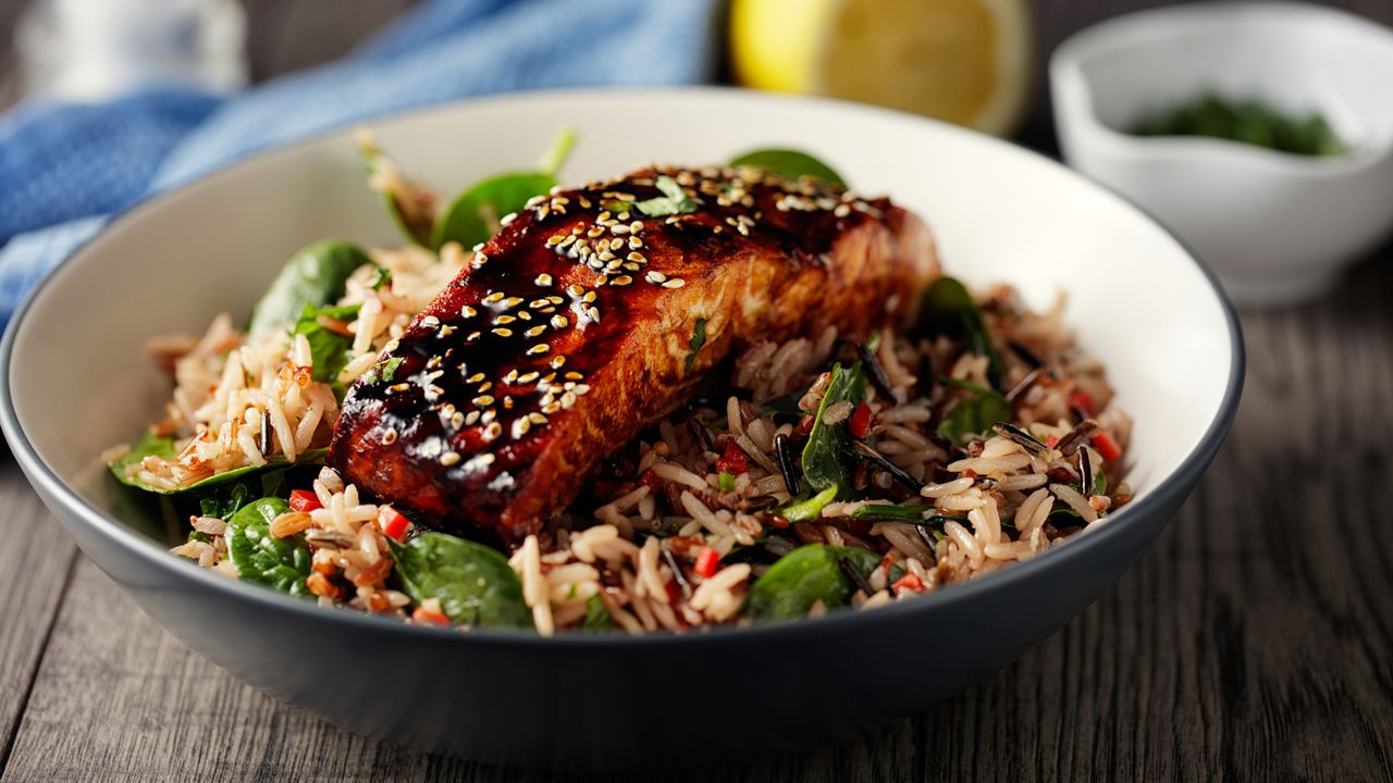 wild rice salad with grilled teriyaki salmon fillet