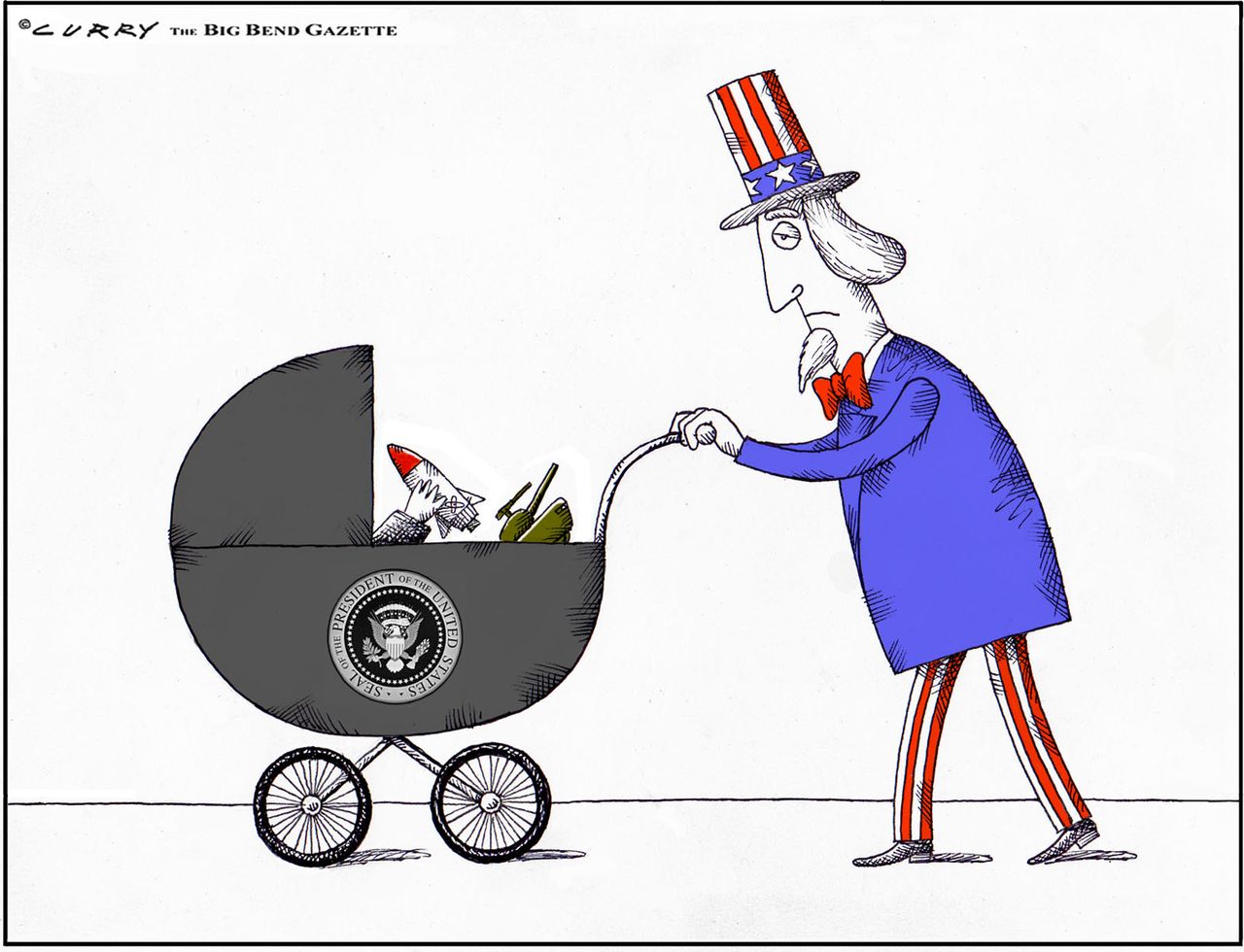 Political cartoon U.S. Trump baby presidency nuclear missiles