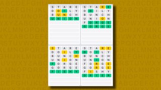 Quordle daily sequence answers for game 887 on a yellow background