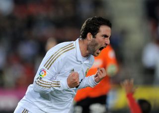 Gonzalo Higuain celebrates after scoring for Real Madrid against Mallorca in January 2012.