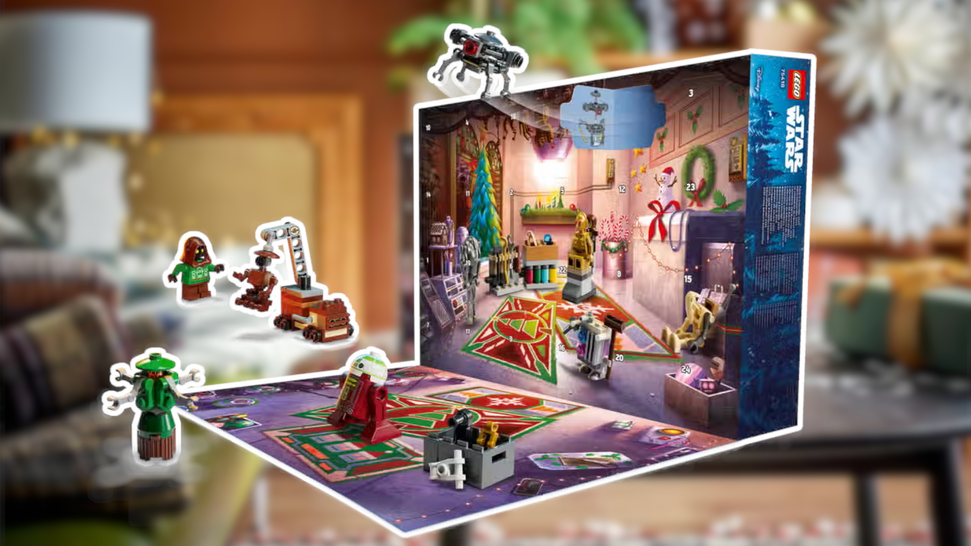 Lego Star Wars Advent Calendar 2025 set and box with a white outline against a blurred Christmas background