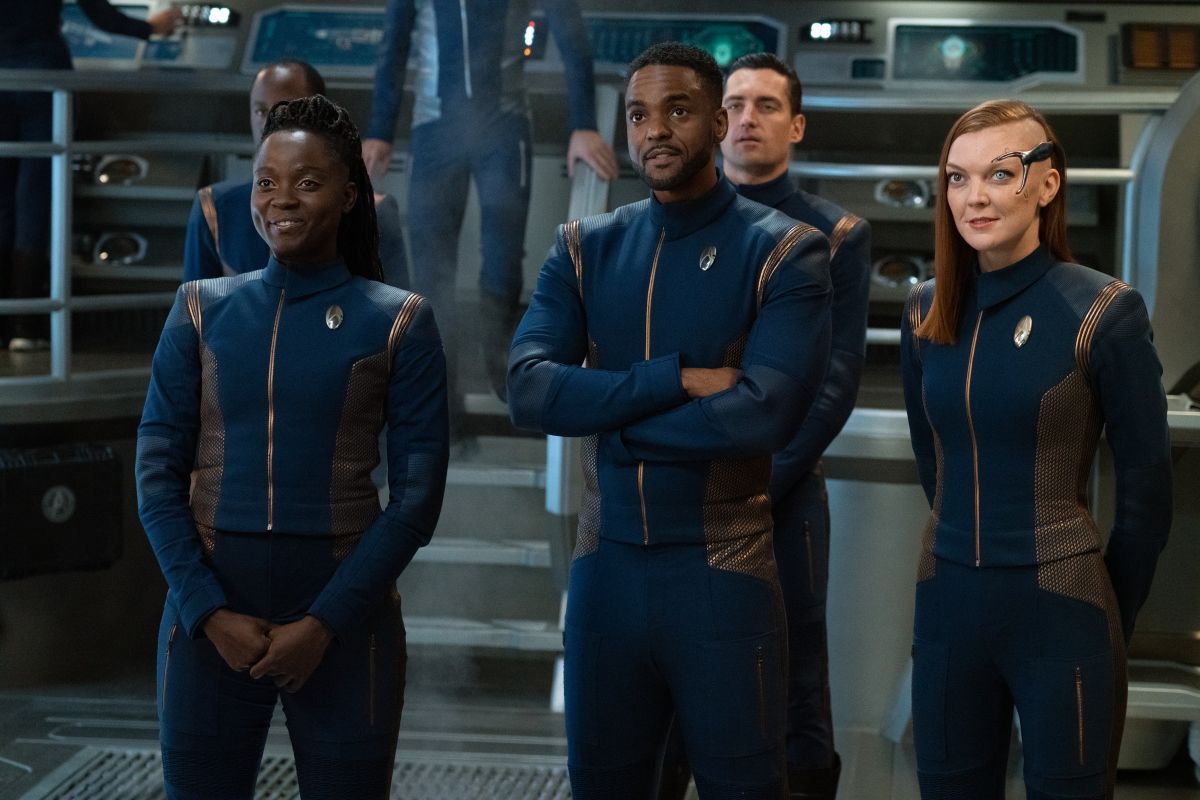 Oyin Oladejo as Lt. Joann Owosekun, Ronnie Rowe Jr. as Lt. Bryce and Emily Coutts as Lt. Keyla Detmer in Season 3 of &quot;Star Trek: Discovery.&quot;