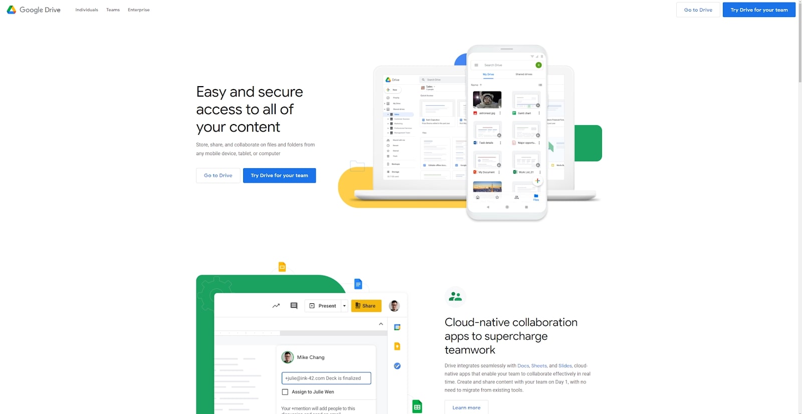 Google Drive's homepage, describing features