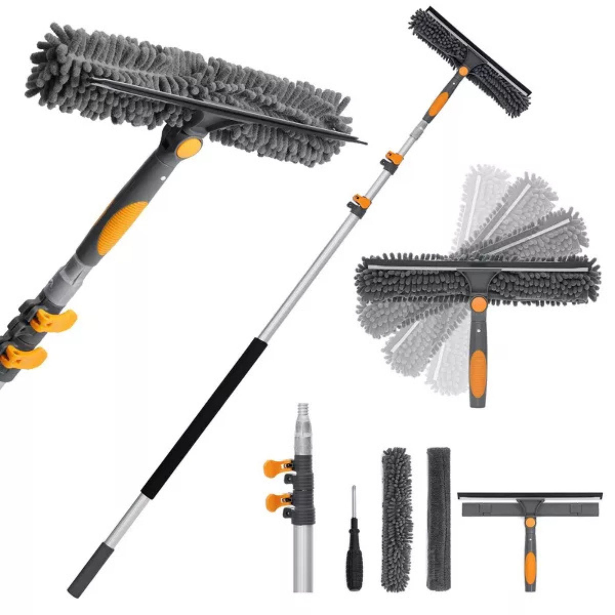 Long armed window cleaning tools with silver, black and orange design