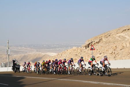 JEBEL HAFEET, UNITED ARAB EMIRATES - FEBRUARY 08: A general view of Silvia Persico of Italy, Elisa Longo Borghini of Italy and UAE Team ADQ, Mavi Garcia of Spain, Monica Trinca Colonel of Italy and Team Liv AlUla Jayco, Antonia Niedermaier of Germany and CANYON//SRAM zondacrypto, Cedrine Kerbaol of France and Team EF Education-Oatly, Juliette Labous of France and Team FDJ - SUEZ, Kimberley Le Court Pienaar of Mauritius and AG Insurance - Soudal Team, Pauline Ferrand-Prevot of France and Team Visma | Lease a Bike, Mareille Meijering of Netherlands and Movistar Team, Katrine Aalerud of Norway and Team Uno-X Mobility, Pfeiffer Georgi of Great Britain and Team Picnic PostNL compete in the breakaway climbing to the Jebel Hafeet (1031m) during the 3rd UAE Tour Women, Stage 3 a 152km stage from Al Ain Qasr Al Muwaiji to Jebel Hafeet / #UCIWWT / on February 08, 2025 in Jebel Hafeet, United Arab Emirates. (Photo by Tim de Waele/Getty Images)