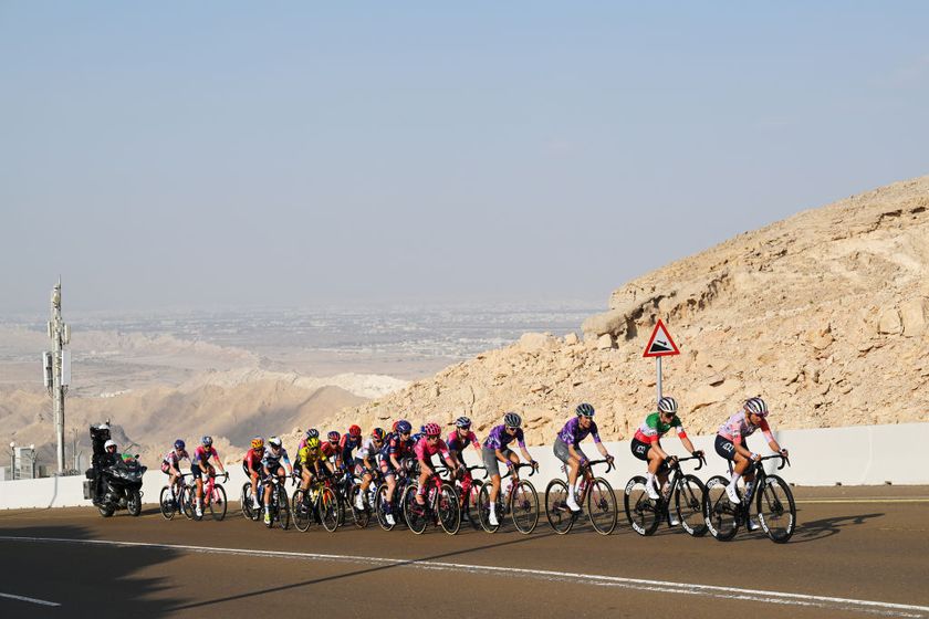 JEBEL HAFEET, UNITED ARAB EMIRATES - FEBRUARY 08: A general view of Silvia Persico of Italy, Elisa Longo Borghini of Italy and UAE Team ADQ, Mavi Garcia of Spain, Monica Trinca Colonel of Italy and Team Liv AlUla Jayco, Antonia Niedermaier of Germany and CANYON//SRAM zondacrypto, Cedrine Kerbaol of France and Team EF Education-Oatly, Juliette Labous of France and Team FDJ - SUEZ, Kimberley Le Court Pienaar of Mauritius and AG Insurance - Soudal Team, Pauline Ferrand-Prevot of France and Team Visma | Lease a Bike, Mareille Meijering of Netherlands and Movistar Team, Katrine Aalerud of Norway and Team Uno-X Mobility, Pfeiffer Georgi of Great Britain and Team Picnic PostNL compete in the breakaway climbing to the Jebel Hafeet (1031m) during the 3rd UAE Tour Women, Stage 3 a 152km stage from Al Ain Qasr Al Muwaiji to Jebel Hafeet / #UCIWWT / on February 08, 2025 in Jebel Hafeet, United Arab Emirates. (Photo by Tim de Waele/Getty Images)