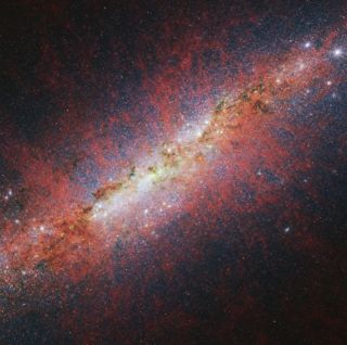A reddish image of a galaxy seen edge-on. Lots of sparkles all throughout.