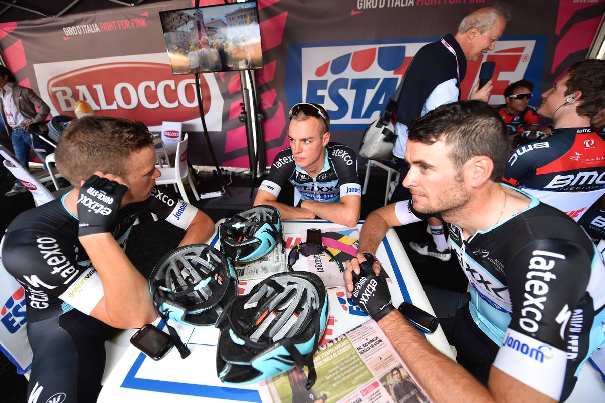 The Etixx-QuickStep riders relax before the start